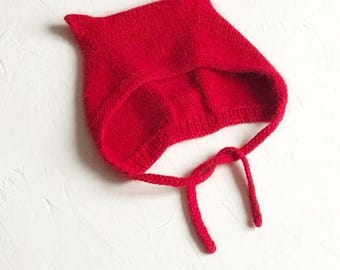 Devil bonnet,Red Knit Bonnet with Ears,Mohair Bonnet,Knitted Adult Bonnet,Mohair Red Adult Cat Ears Hat
