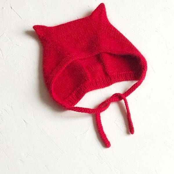 Red Mohair Knit Devil Bonnet with Ears
