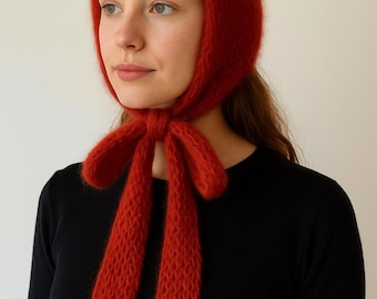 Hand Knitted Red Mohair Bonnet,Soft Fuzzy Scarf Hood