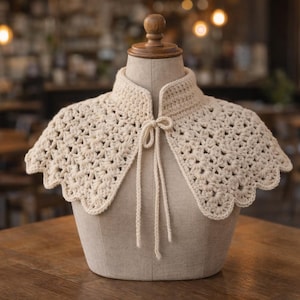May include: A cream-coloured, crocheted collar with a scalloped edge and a tie closure. The collar is displayed on a mannequin with a wooden neck. The background is a blurred view of a restaurant.