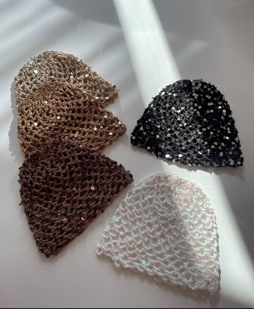 Crochet Mesh Hat,Mesh Beanie Hat with Sequins, Netten Mesh Beanie, Hand Crocheted Skull Cap