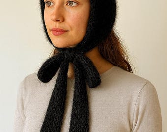 Hand Knitted Bala Bonnet,Soft Fuzzy Scarf Hood