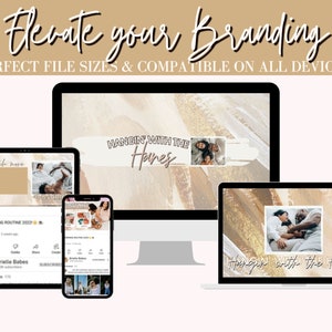 Puede incluir: Un kit de marca de marketing digital con un esquema de color beige y dorado. El kit incluye un fondo de pantalla para escritorio, una pantalla de tableta y una pantalla de tel&eacute;fono. Las pantallas presentan una pareja y el texto "Hangin' with the Haynes".