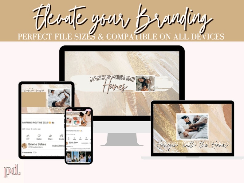 Puede incluir: Un kit de marca de marketing digital con un esquema de color beige y dorado. El kit incluye un fondo de pantalla para escritorio, una pantalla de tableta y una pantalla de tel&eacute;fono. Las pantallas presentan una pareja y el texto "Hangin' with the Haynes".