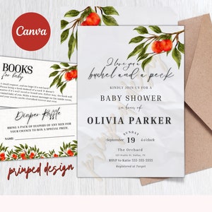 Bushel en een Peck uitnodigingsbundel, Apple Baby Shower Uitnodigingspakket, Baby Shower Instant Download, Luierloterij, Boekaanvraagkaart