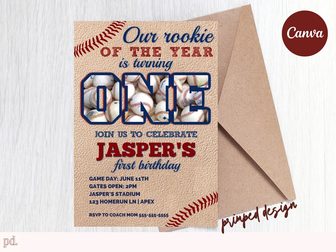 Editable Rookie Year First Birthday Invitation - Baseball Digital Party ...