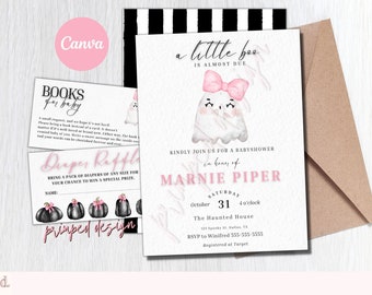 May include: A baby shower invitation with a cute ghost illustration wearing a pink bow. The invitation is for Marnie Piper and is set for October 31st at 4 o'clock at The Haunted House. RSVP to Winifred at 555-555-5555. Registered at Target.