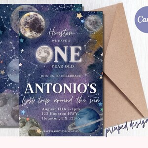 Editable Moon Space Birthday Invitation - Trip Around the Sun Digital Party Invite Template - Printable Editable Digital Instant Download