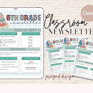 May include: A printable classroom newsletter template for Year 7 teachers. The template features a colourful backpack design and includes sections for "We Are Learning", "Words to Know", "Reminders", "Important Dates", and "Contact Me".