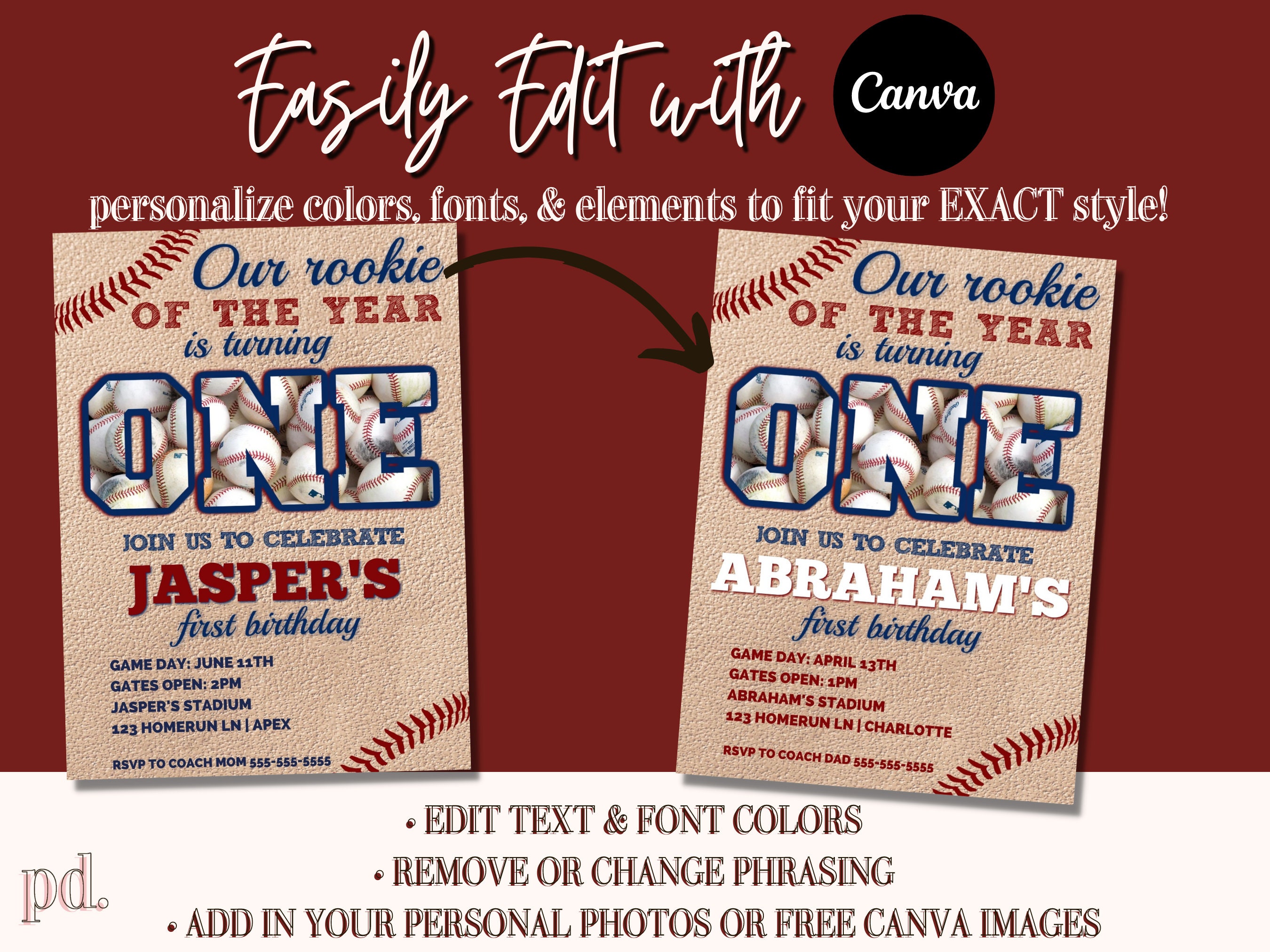 Editable Rookie Year First Birthday Invitation - Baseball Digital Party ...