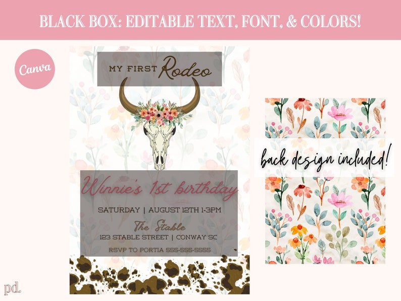 First Rodeo Flower Editable Floral 1st Rodeo Birthday Invitation - Girl Western Digital ...