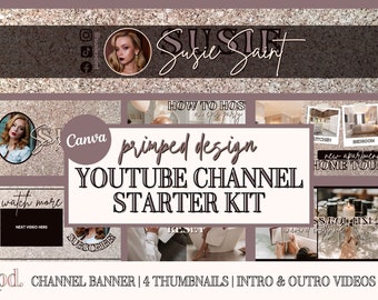 Glitter YouTube Channel Starter Kit - Editable Canva Templates - YouTube Branding Kit - Cover Art Banner, Intro, Outro, Thumbnail Template