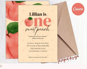 Editable One Sweet Peach Birthday Invitation - Peach Digital Party Invitation Template - Peach Printable Editable Digital Instant Download