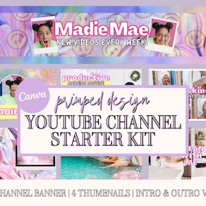 Startpaket för Happy YouTube-kanal - Redigerbara Canva-mallar - YouTube-varumärkespaket - Mall för omslagsbild, intro, outro och miniatyrbild