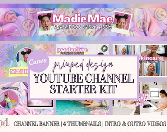Happy YouTube Channel Starter Kit - Plantillas Canva editables - Kit de marca de YouTube - Banner de portada, introducción, salida, plantilla de miniatura