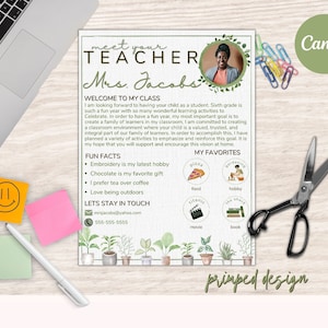 Plantilla editable "Conoce al maestro", carta de bienvenida de regreso a clases con ambiente de plantas, nota para el maestro del primer día de clases, plantilla para el primer día de clases