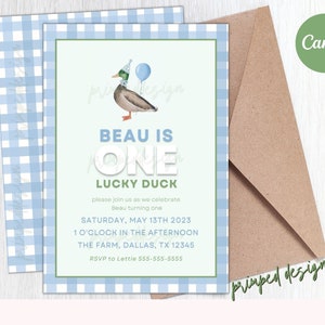 Bearbeitbare One Lucky Duck Geburtstagseinladung - Stockente Duck Digital Party Einladung Vorlage - druckbare bearbeitbare Digital Instant Download