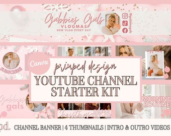 Pink Glam Christmas Vlogmas YouTube Channel Starter Kit - Plantillas Canva editables - Kit de marca de YouTube - Banner, Introducción, Outro, Miniatura