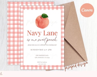 Editable One Sweet Peach Birthday Invitation - Peach Digital Party Invitation Template - Peach Printable Editable Digital Instant Download
