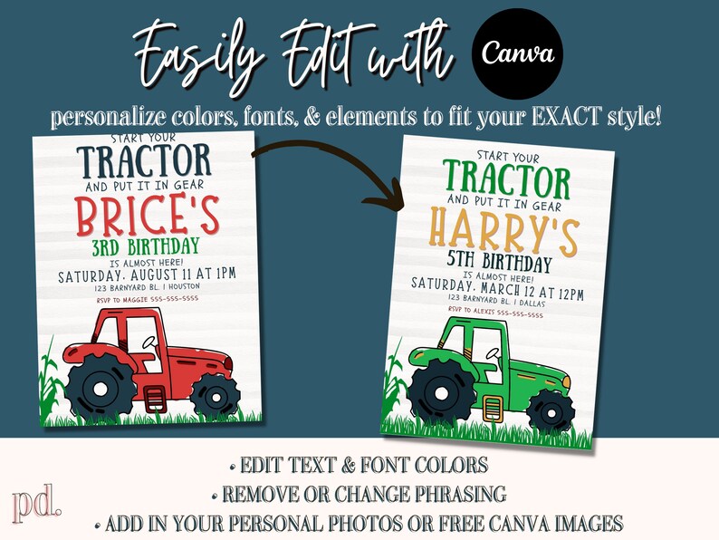 Editable Tractor Birthday Invitation Tractor Farm Digital Party