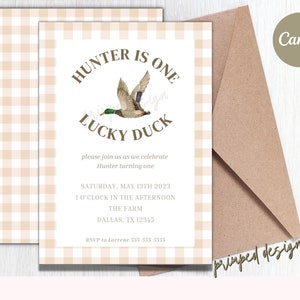 Bearbeitbare One Lucky Duck Geburtstagseinladung - Stockente Duck Digital Party Einladung Vorlage - druckbare bearbeitbare Digital Instant Download