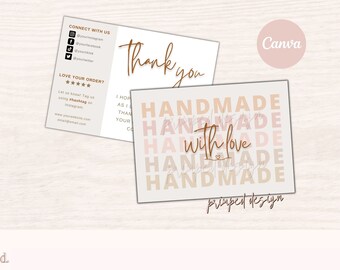 Op de afbeelding: Dankjewel kaart met de tekst "Handmade with love" die in een gestapelde patroon wordt herhaald met een roze en bruine kleurschema. De kaart bevat ook de tekst "primped design".