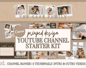 Minimal Boho YouTube Channel Starter Kit - Plantillas Canva editables - Kit de marca de YouTube - Banner de portada, introducción, salida, miniatura