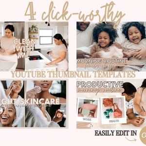 Puede incluir: Cuatro plantillas de miniaturas de YouTube con diferentes temas: "Limpia conmigo", "Rutina matutina Familia de cuatro", "Cuidado de la piel nocturna" y "Rutina matutina productiva". Cada plantilla presenta un collage de fotos con superposiciones de texto y una llamada a la acci&oacute;n "F&aacute;cil de editar en Canva".