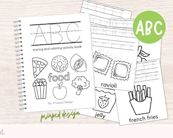 Caderno de atividades do alfabeto pré-escolar, alfabeto de alimentos, atividade diária para impressão pré-escolar, impressão para aprendizagem em casa, caderno de atividades pré-escolar