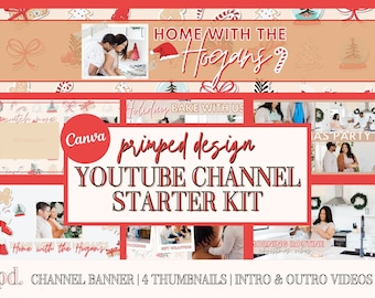 Kit de inicio del canal de YouTube de Vlogmas navideños clásicos - Plantillas Canva editables - Kit de marca de YouTube - Banner, introducción, salida, miniatura