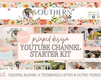 Watercolor Floral YouTube Channel Starter Kit - Editable Canva Templates - YouTube Branding Kit - Cover Art Banner, Intro, Outro, Thumbnail
