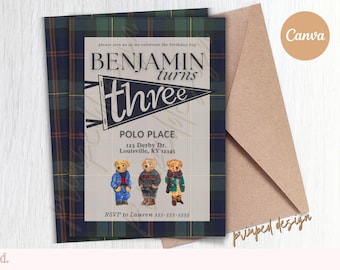 Edytowalne zaproszenie urodzinowe RalphLauren - Vintage Boy Plaid Digital Party Invitation Template - Wydrukowalne Edytowalne cyfrowe Natychmiastowe pobranie