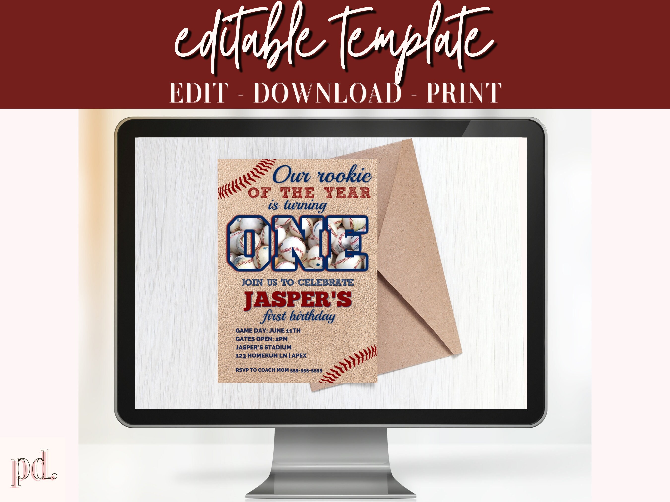 Editable Rookie Year First Birthday Invitation - Baseball Digital Party ...