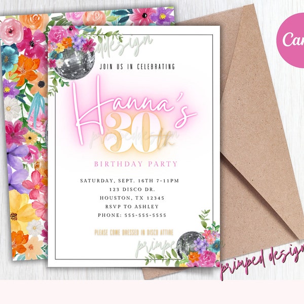 Editable Floral Disco Invitation - Disco Boho Flowers Birthday Digital Party Invitation Template - Printable Editable Instant Download