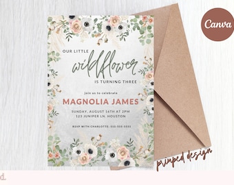 May include: A floral-themed birthday invitation for a girl turning three. The invitation features a watercolor illustration of white and pink flowers, greenery, and pampas grass. The text reads "Our little wildflower is turning three. Join us to celebrate Magnolia James. Sunday, August 16th at 2pm. 123 Juniper Ln. Houston. RSVP with Charlotte: 555-555-5555."