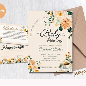 Un paquete de invitación para baby is Brewing, paquete de invitación para baby shower para fiesta de té, fiesta de té para baby shower, rifa de pañales, tarjeta de solicitud de libro