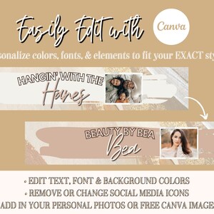 Puede incluir: Dos plantillas de banner de redes sociales editables con un esquema de color rosa y dorado. La primera pancarta dice "Hangin' with the Hanes" y presenta una foto de una familia. La segunda pancarta dice "Beauty by Bea" y presenta una foto de una mujer. Ambas pancartas tienen un lugar para una foto y texto.