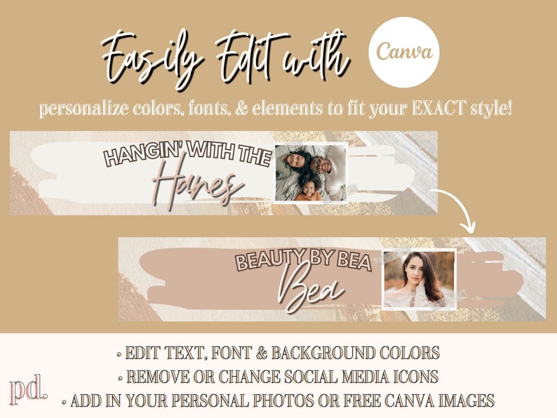 Puede incluir: Dos plantillas de banner de redes sociales editables con un esquema de color rosa y dorado. La primera pancarta dice "Hangin' with the Hanes" y presenta una foto de una familia. La segunda pancarta dice "Beauty by Bea" y presenta una foto de una mujer. Ambas pancartas tienen un lugar para una foto y texto.