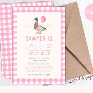 Bearbeitbare Pink One Lucky Duck Geburtstagseinladung - Stockente Duck Digital Party Einladung Vorlage - druckbare Digital Instant Download