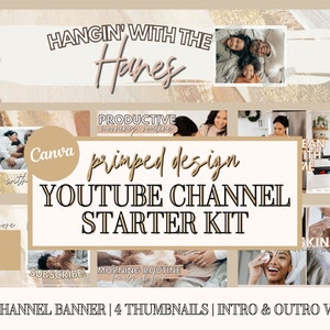 Puede incluir: Un kit de inicio de canal de YouTube con un esquema de color beige y dorado. El kit incluye una pancarta de canal, cuatro miniaturas y videos de introducci&oacute;n y salida. El texto "Hangin' with the Hanes" aparece en la pancarta. El texto "primped design" aparece en el kit.