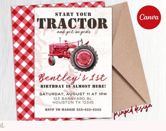 May include: A red and white gingham patterned invitation for a 1st birthday party. The invitation features a red tractor with the text "Start Your Tractor and get in gear" and "Bentley's 1st Birthday is almost here!" The invitation includes the date, time, address, and RSVP information.