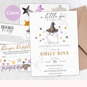 Little Boo Invitation Bundle, Ghost Halloween Baby Shower Invitation Package, Baby Party Instant Download, Diaper Raffle, Book Request Card