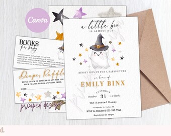 May include: A Halloween-themed baby shower invitation with a cute ghost wearing a witch's hat. The invitation is decorated with purple, gold, and black stars. The text reads "a little boo is almost due" and "Kindly join us for a baby shower in honor of Emily Binx".