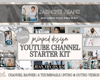Chic YouTube Channel Starter Kit - Editable Canva Templates - YouTube Branding Kit - Cover Art Banner, Intro, Outro, Thumbnail Template