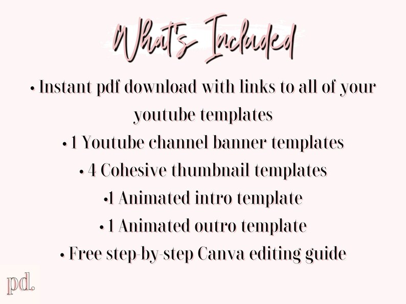 Puede incluir: Un gr&aacute;fico de texto rosa y blanco sobre un fondo blanco que dice "What's Included" y enumera los siguientes elementos: Descarga instant&aacute;nea de PDF con enlaces a todas tus plantillas de YouTube, 1 plantilla de banner de canal de YouTube, 4 plantillas de miniaturas cohesivas, 1 plantilla de introducci&oacute;n animada, 1 plantilla de salida animada y una gu&iacute;a de edici&oacute;n paso a paso gratuita de Canva.