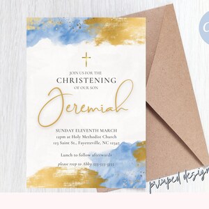 Editable Baby Blue Watercolor Christening Invitation - Dedication Invite - Baptismal Digital Template - Printable Editable Instant Download