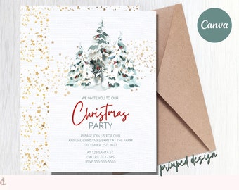 Puede incluir: Una invitación a una fiesta de Navidad blanca con una ilustración de acuarela de pinos cubiertos de nieve y estrellas doradas brillantes. El texto dice "We invite you to our Christmas Party. Please join us for our annual Christmas party at the farm December 1st, 2022. At 123 Santa St. Dallas, TX. 12345 RSVP 555-555-5555."