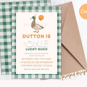 Bearbeitbare One Lucky Duck Geburtstagseinladung - Stockente Duck Digital Party Einladung Vorlage - druckbare bearbeitbare Digital Instant Download