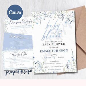 Lot d'invitations bébé en fleurs bleues Paquet d'invitations baby shower floral bleu Carte de demande de livre pour une tombola de couches à téléchargement immédiat