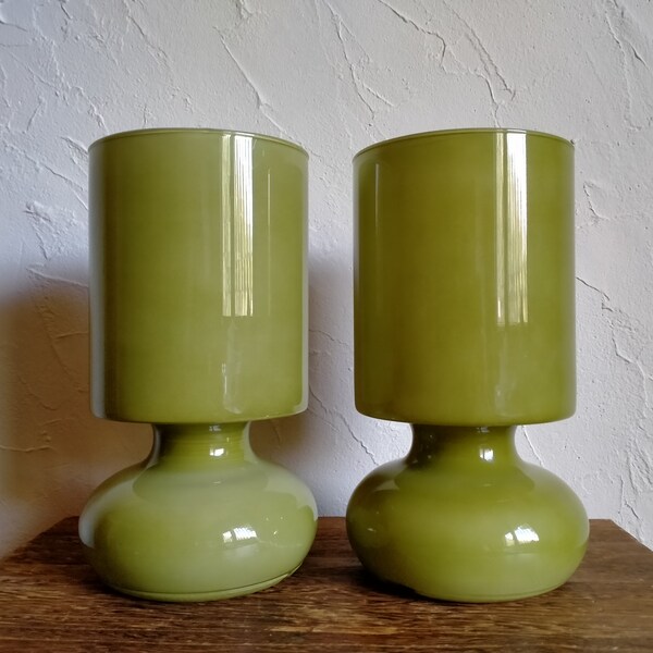 Price for 2 Ikea Lykta moss green glass mushroom table lamp, Rare olive green glass lamp, Khaki handmade glass table lamp from 90s, Set of 2